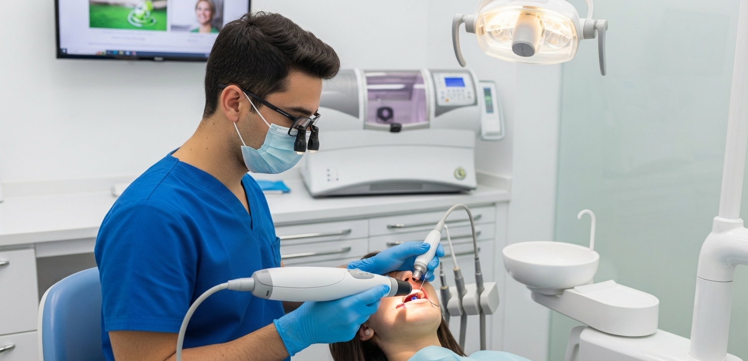 Moderne Tandheelkundige Behandeling met 3D-scanner Tandarts in Turkije maakt gebruik van geavanceerde technologie zoals 3D-scanners voor precisiebehandelingen.