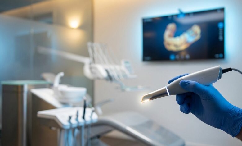Een close-up van geavanceerde tandheelkundige apparatuur, zoals een intra-orale scanner, in een schone, moderne en goed verlichte kliniek, die de toekomst van de tandzorg symboliseert.