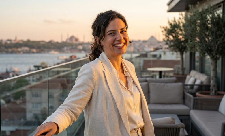 Een gelukkige vrouw met een perfecte, witte glimlach staat op een balkon met een wazig, sfeervol uitzicht op de skyline van Istanbul tijdens zonsondergang.
