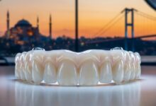 Een close-up van een perfecte, volledige tandheelkundige brug, met op de achtergrond een prachtig wazig uitzicht op de skyline van Istanbul, Turkije bij zonsopgang. De focus ligt op de precisie van de tandheelkundige technologie.