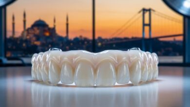 Een close-up van een perfecte, volledige tandheelkundige brug, met op de achtergrond een prachtig wazig uitzicht op de skyline van Istanbul, Turkije bij zonsopgang. De focus ligt op de precisie van de tandheelkundige technologie.