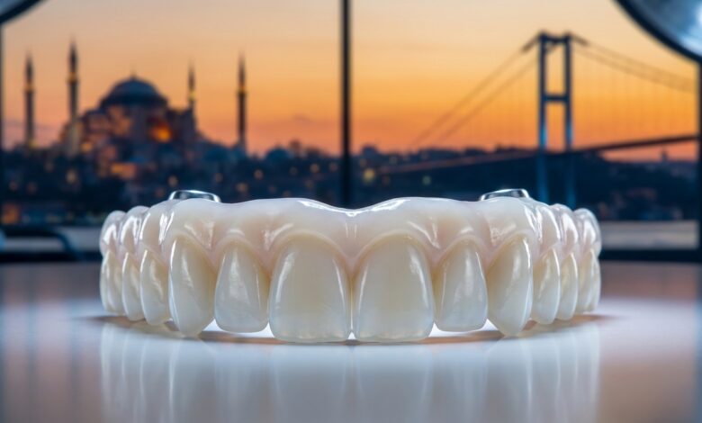 Een close-up van een perfecte, volledige tandheelkundige brug, met op de achtergrond een prachtig wazig uitzicht op de skyline van Istanbul, Turkije bij zonsopgang. De focus ligt op de precisie van de tandheelkundige technologie.