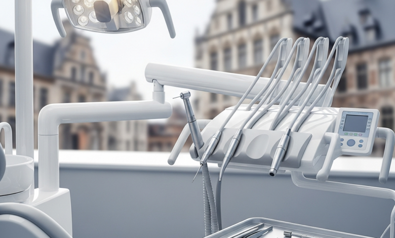 Een fotorealistisch beeld van een lege, moderne tandartsstoel met strakke, zilverkleurige en witte tandheelkundige instrumenten, helder verlicht in een schone kliniek. Op de zeer onscherpe achtergrond is een zacht verlicht stedelijk landschap met klassieke Belgische architectuur te zien, vervaagd tot een abstract patroon.
