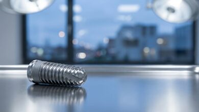 Close-up van een modern titanium tandimplantaat met op de achtergrond een onscherpe, professionele klinische omgeving en een Belgische stadsgezicht.
