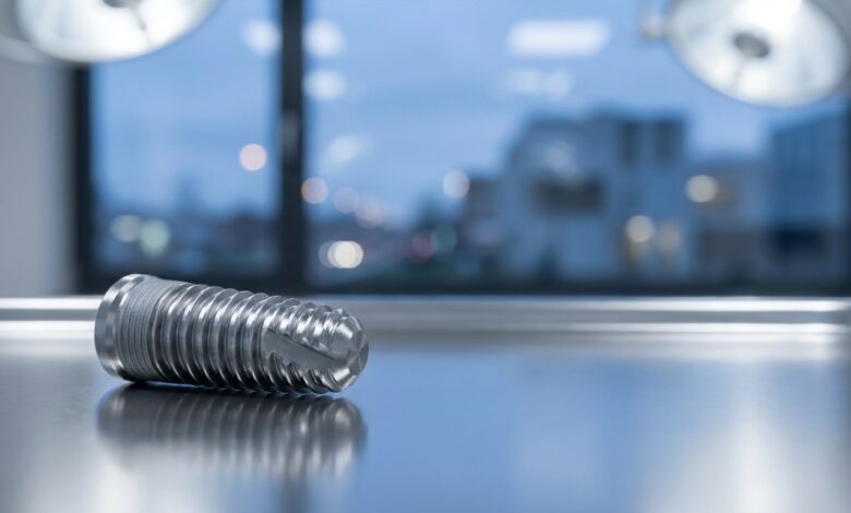 Close-up van een modern titanium tandimplantaat met op de achtergrond een onscherpe, professionele klinische omgeving en een Belgische stadsgezicht.