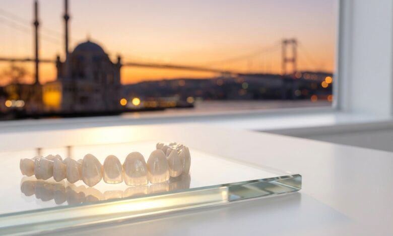 Een close-up van perfecte porseleinen facings die op een schone ondergrond liggen, met op de achtergrond een onscherp, zonnig uitzicht op de skyline van Istanboel, Turkije, wat het concept van tandtoerisme symboliseert.