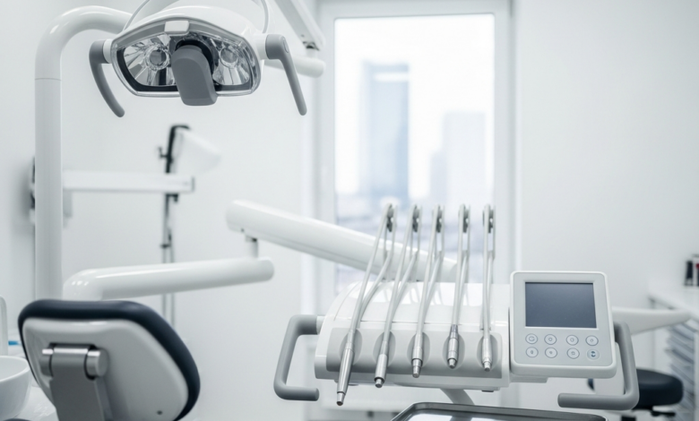 Photorealistisch beeld van een strakke, moderne tandartspraktijk met een ergonomische behandelstoel en geavanceerde medische apparatuur. Een vage, onscherpe Europese stadsskyline is zichtbaar door een raam op de achtergrond, wat duidt op België. De ruimte is helder, brandschoon en professioneel, zonder enige zichtbare tekst of branding.