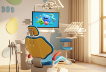Een hypermoderne, lichte en kindvriendelijke tandartsbehandelkamer met een kleurrijke kinderstoel en speels, abstract decor aan de muur. De ruimte straalt rust en veiligheid uit, met zachte verlichting en scherpe focus op de stoel.