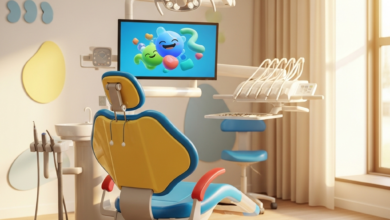 Een hypermoderne, lichte en kindvriendelijke tandartsbehandelkamer met een kleurrijke kinderstoel en speels, abstract decor aan de muur. De ruimte straalt rust en veiligheid uit, met zachte verlichting en scherpe focus op de stoel.