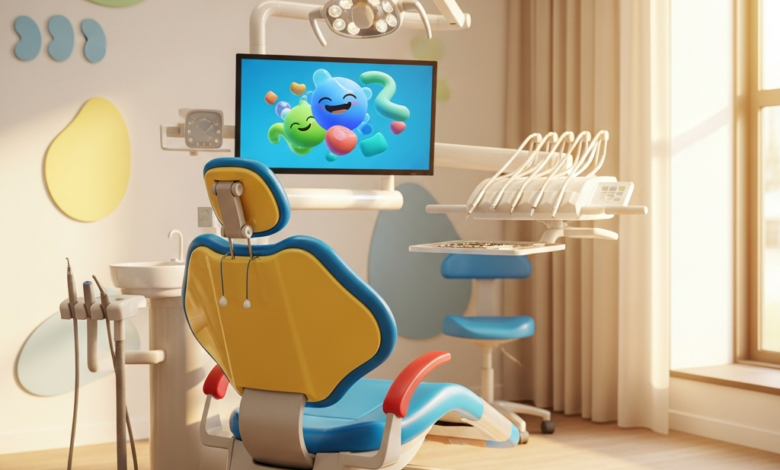Een hypermoderne, lichte en kindvriendelijke tandartsbehandelkamer met een kleurrijke kinderstoel en speels, abstract decor aan de muur. De ruimte straalt rust en veiligheid uit, met zachte verlichting en scherpe focus op de stoel.