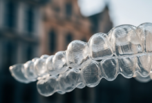 Close-up van een transparante, onzichtbare beugelset, glimmend en met delicate contouren, geplaatst op een strak oppervlak. De achtergrond toont een zeer vage, onscherpe impressie van historische Belgische architectuur, waardoor de locatie subtiel wordt gesuggereerd. De focus ligt op de helderheid en precisie van de aligners.