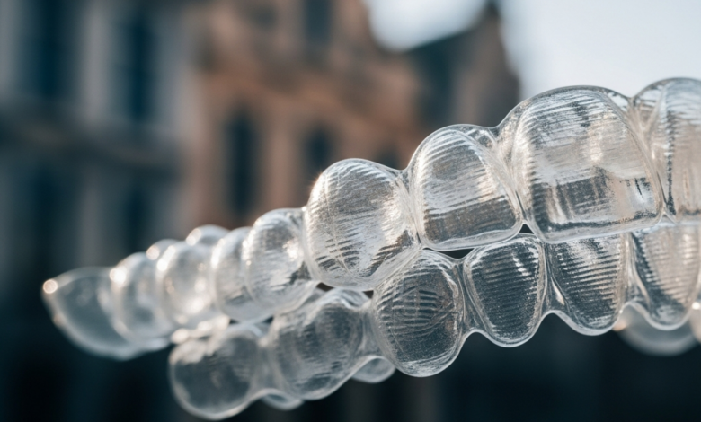 Close-up van een transparante, onzichtbare beugelset, glimmend en met delicate contouren, geplaatst op een strak oppervlak. De achtergrond toont een zeer vage, onscherpe impressie van historische Belgische architectuur, waardoor de locatie subtiel wordt gesuggereerd. De focus ligt op de helderheid en precisie van de aligners.