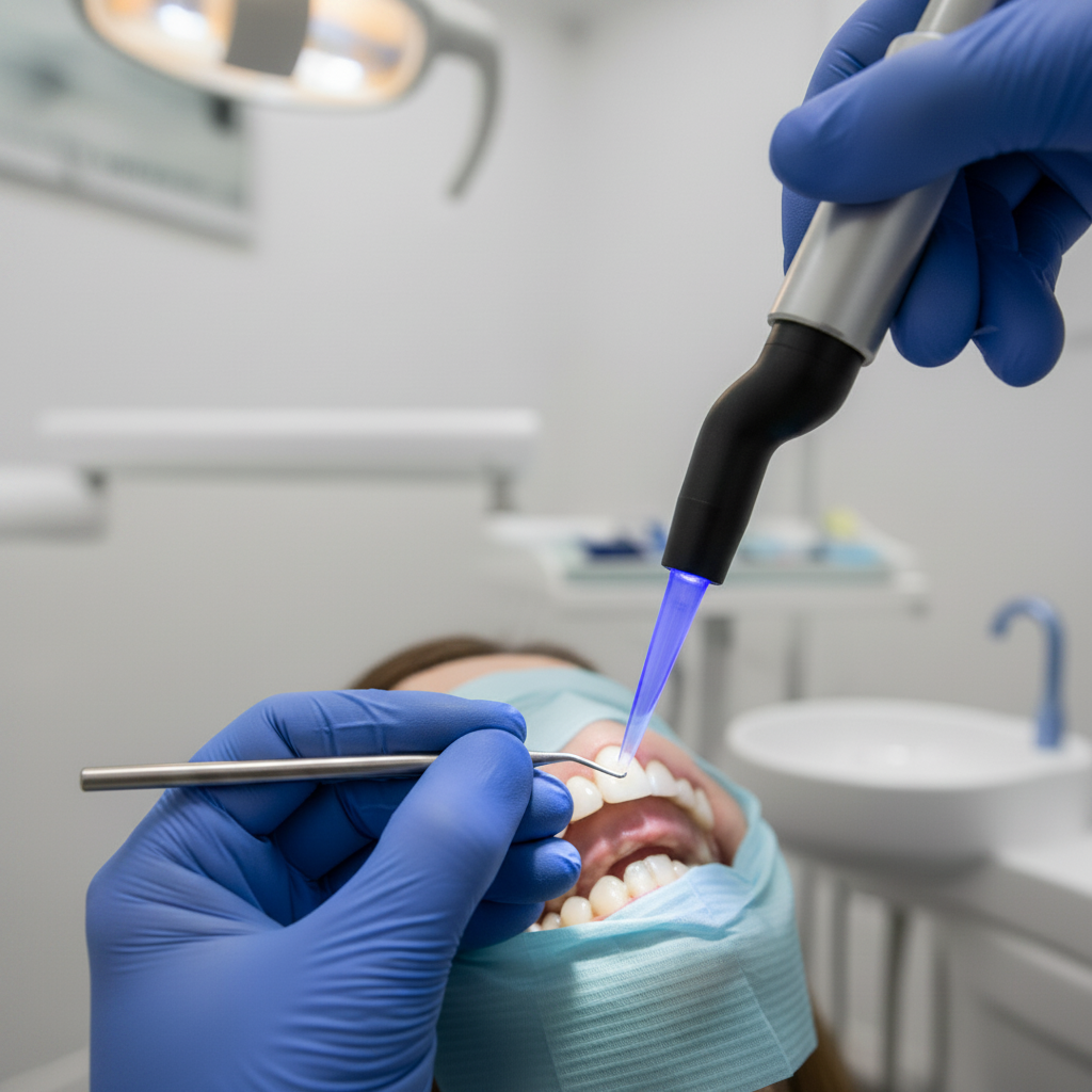 Skilled Dentist Bonds Patient's Tooth Composite Bonding Cost Belgium: A skilled dentist meticulously applies and sculpts composite resin on a patient's tooth.