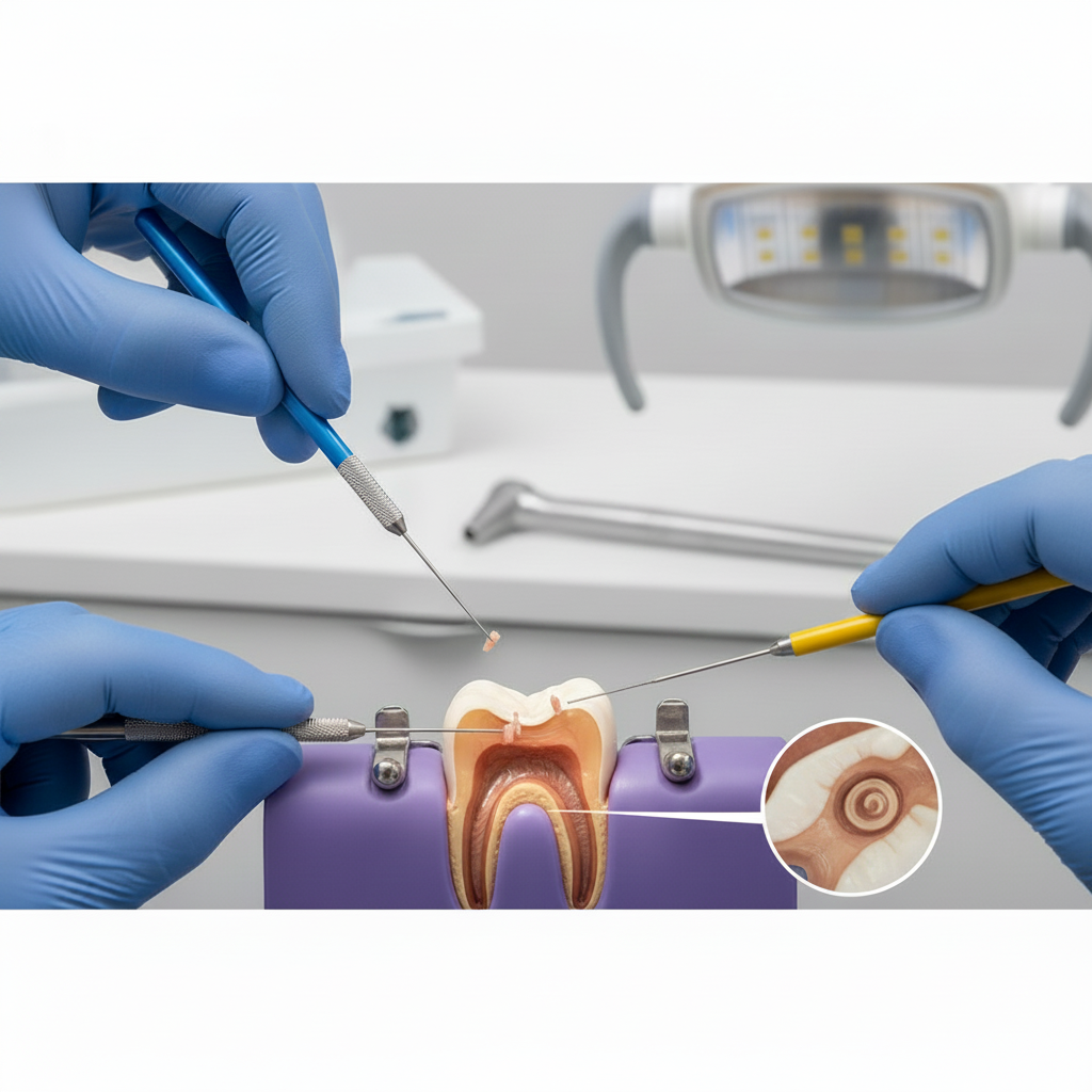 Detailed Root Canal Cleaning Procedure in Progress Root Canal Cost Belgium: A dentist performing the intricate cleaning stage of a root canal procedure.
