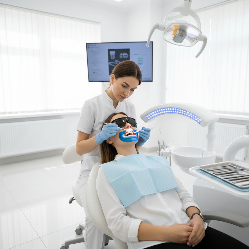 In-Office Teeth Whitening Treatment Scene Teeth Whitening Cost Belgium: A professional in-office treatment being performed in a modern dental clinic.