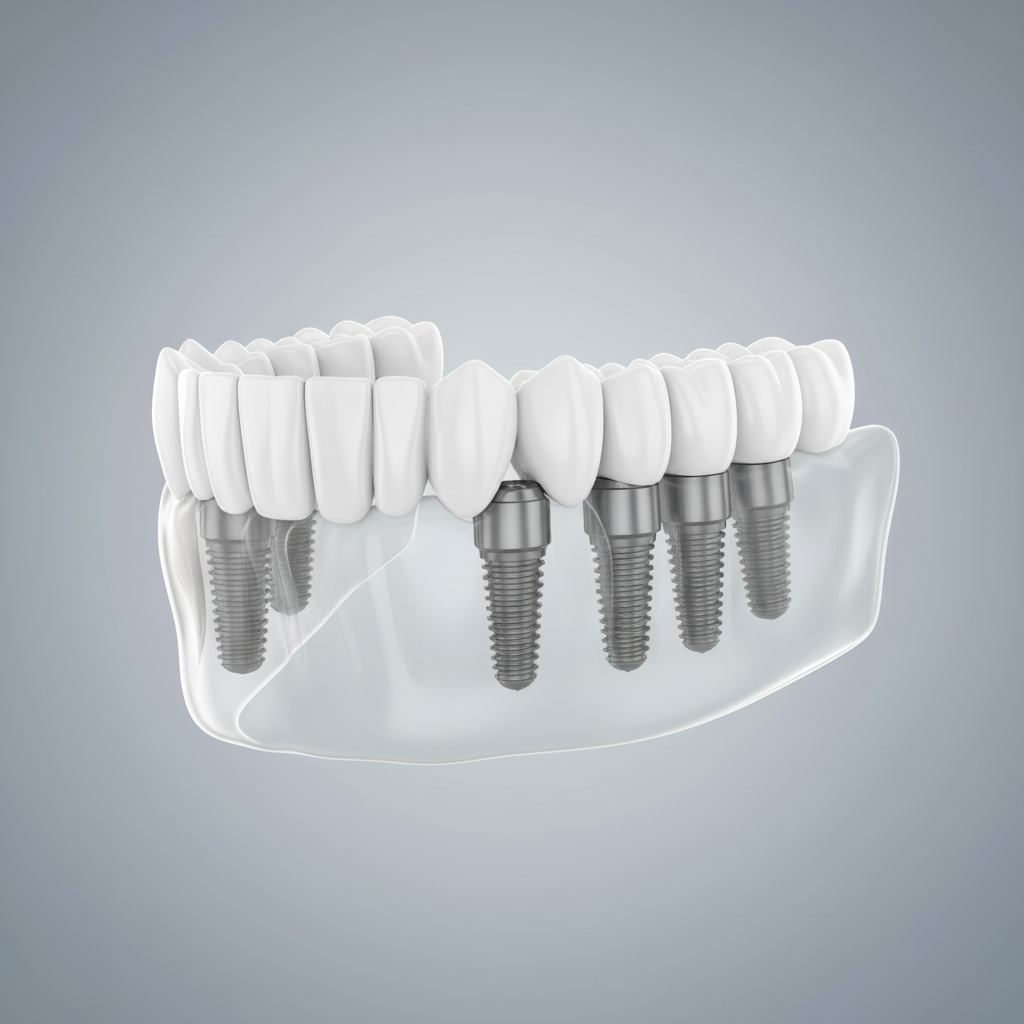 Visualizing All-on-4 implant placement in jaw All-on-4 Dental Implants Belgium, demonstrating the system with four implants supporting a full arch bridge