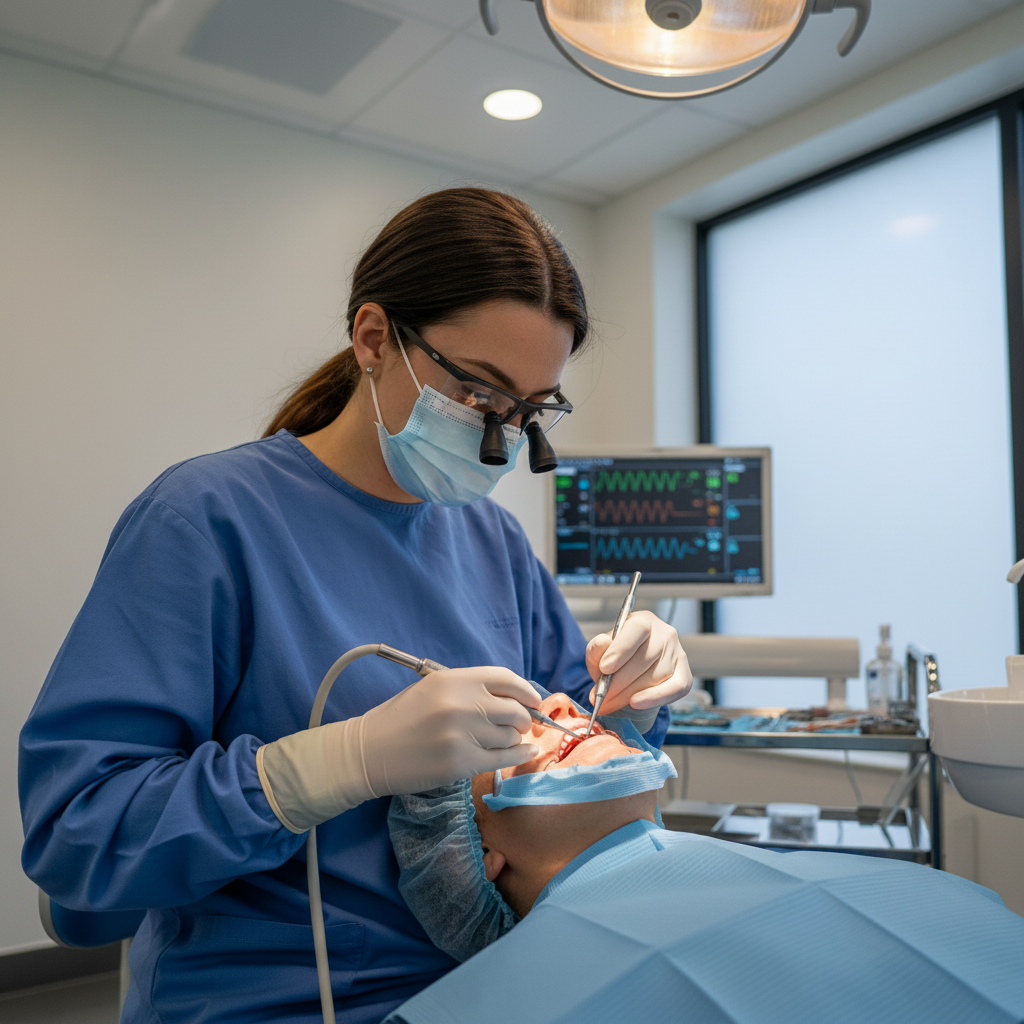 Full Mouth Dental Implants Cost Belgium: Skilled surgeon meticulously places implants during a modern dental procedure