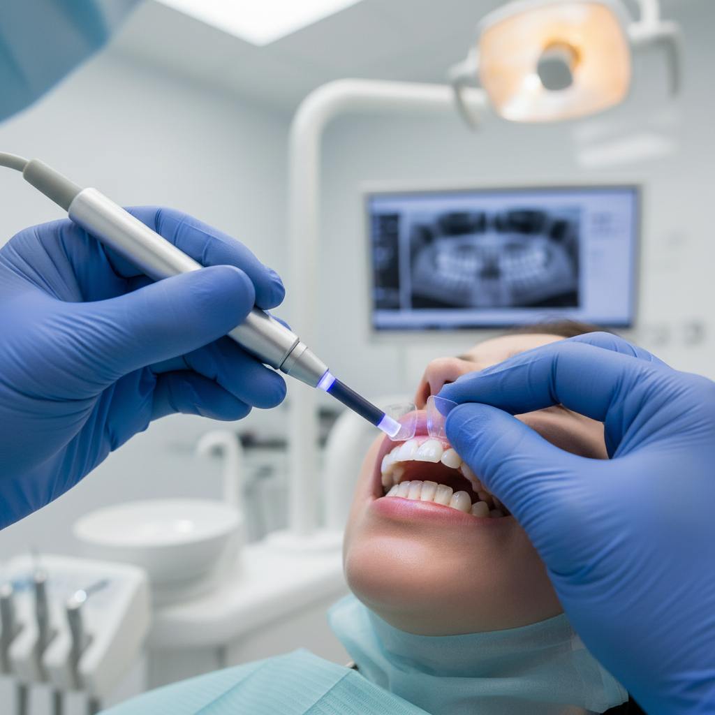 Veneers Cost in Belgium, showing a cosmetic dentist carefully bonding a durable porcelain veneer onto a patient's tooth.