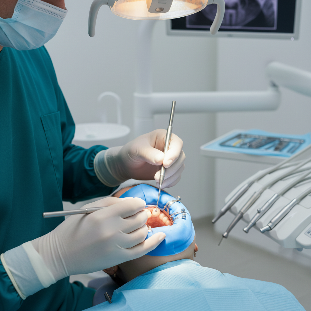 Dental procedure of cleaning a tooth's interior Root Canal Cost Belgium, a dentist meticulously cleans infected tooth pulp using specialized instruments.