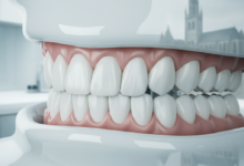 A photorealistic, ultra-detailed image showcasing a perfect, healthy full arch of bright white teeth, implying advanced dental restoration. The setting is a clean, modern, and minimalist dental clinic with soft lighting. In the deeply blurred background, a subtle suggestion of historic Belgian architecture is visible.