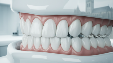 A photorealistic, ultra-detailed image showcasing a perfect, healthy full arch of bright white teeth, implying advanced dental restoration. The setting is a clean, modern, and minimalist dental clinic with soft lighting. In the deeply blurred background, a subtle suggestion of historic Belgian architecture is visible.