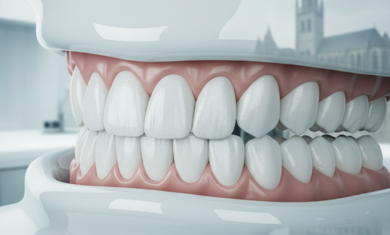 A photorealistic, ultra-detailed image showcasing a perfect, healthy full arch of bright white teeth, implying advanced dental restoration. The setting is a clean, modern, and minimalist dental clinic with soft lighting. In the deeply blurred background, a subtle suggestion of historic Belgian architecture is visible.