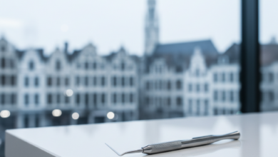 A close-up, photorealistic shot of a gleaming, modern dental instrument on a clean white surface, with a very soft-focus, blurred cityscape in the background.