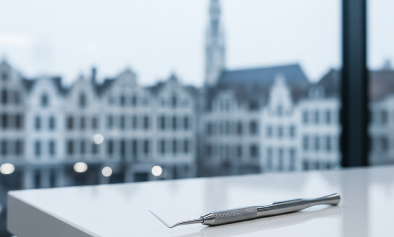 A close-up, photorealistic shot of a gleaming, modern dental instrument on a clean white surface, with a very soft-focus, blurred cityscape in the background.