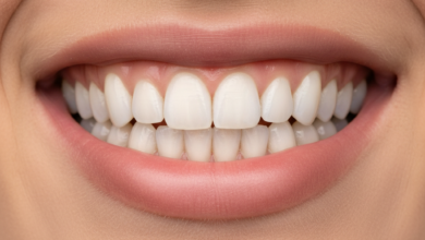 Close-up of a pristine, bright white smile with healthy, perfectly shaped teeth, indicating successful cosmetic dental work like composite bonding. The background is a soft-focus, golden-hued cityscape of Belgium with historic architecture under natural daylight.