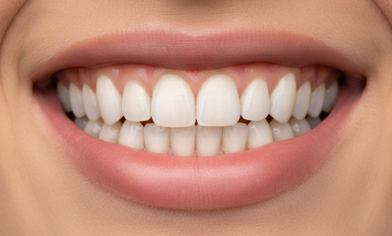 Close-up of a pristine, bright white smile with healthy, perfectly shaped teeth, indicating successful cosmetic dental work like composite bonding. The background is a soft-focus, golden-hued cityscape of Belgium with historic architecture under natural daylight.