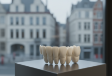 A detailed, photorealistic image of a gleaming, state-of-the-art all-ceramic dental bridge model in sharp focus, positioned on a clean, minimalist surface. The background is softly blurred, depicting an indistinct modern European cityscape, suggestive of Belgium. The image conveys high-quality dental care, precision, and investment.