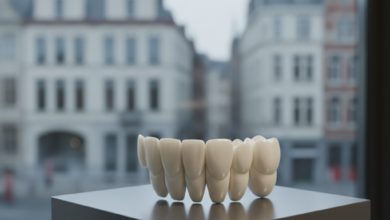 A detailed, photorealistic image of a gleaming, state-of-the-art all-ceramic dental bridge model in sharp focus, positioned on a clean, minimalist surface. The background is softly blurred, depicting an indistinct modern European cityscape, suggestive of Belgium. The image conveys high-quality dental care, precision, and investment.