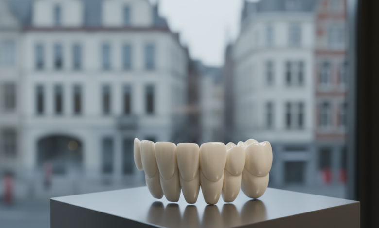 A detailed, photorealistic image of a gleaming, state-of-the-art all-ceramic dental bridge model in sharp focus, positioned on a clean, minimalist surface. The background is softly blurred, depicting an indistinct modern European cityscape, suggestive of Belgium. The image conveys high-quality dental care, precision, and investment.