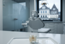 A photorealistic image of a pristine, translucent E-max dental crown resting on a sterile white tray. The background is a blurred modern dental clinic, with a subtle, out-of-focus hint of Belgian architecture visible through a window. The focus is sharp on the crown, highlighting its intricate detail and quality.