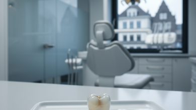 A photorealistic image of a pristine, translucent E-max dental crown resting on a sterile white tray. The background is a blurred modern dental clinic, with a subtle, out-of-focus hint of Belgian architecture visible through a window. The focus is sharp on the crown, highlighting its intricate detail and quality.