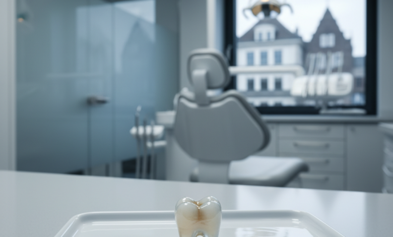 A photorealistic image of a pristine, translucent E-max dental crown resting on a sterile white tray. The background is a blurred modern dental clinic, with a subtle, out-of-focus hint of Belgian architecture visible through a window. The focus is sharp on the crown, highlighting its intricate detail and quality.
