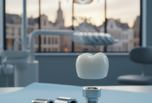 A highly detailed, photorealistic image of a complete dental implant assembly—a metallic post, an abutment, and a ceramic tooth crown—set against a softly blurred backdrop of a modern European city, representing advanced dental care in Belgium.