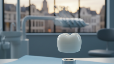A highly detailed, photorealistic image of a complete dental implant assembly—a metallic post, an abutment, and a ceramic tooth crown—set against a softly blurred backdrop of a modern European city, representing advanced dental care in Belgium.