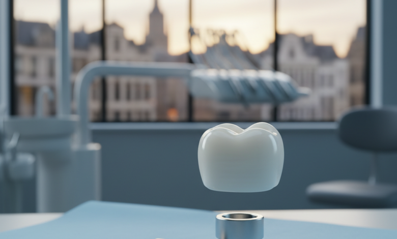 A highly detailed, photorealistic image of a complete dental implant assembly—a metallic post, an abutment, and a ceramic tooth crown—set against a softly blurred backdrop of a modern European city, representing advanced dental care in Belgium.