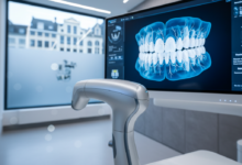 Een photorealistische afbeelding van een hypermoderne intraorale scanner in een strakke, digitale tandartspraktijk, met een gedetailleerd 3D-model van tanden en kaak op een scherm, en een onscherpe Belgische stadsskyline op de achtergrond. Geen tekst of logo's zijn zichtbaar.