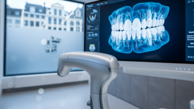 Een photorealistische afbeelding van een hypermoderne intraorale scanner in een strakke, digitale tandartspraktijk, met een gedetailleerd 3D-model van tanden en kaak op een scherm, en een onscherpe Belgische stadsskyline op de achtergrond. Geen tekst of logo's zijn zichtbaar.