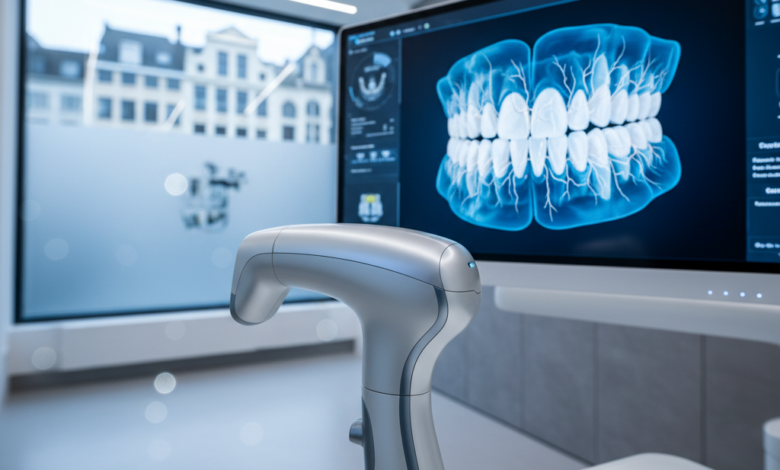 Een photorealistische afbeelding van een hypermoderne intraorale scanner in een strakke, digitale tandartspraktijk, met een gedetailleerd 3D-model van tanden en kaak op een scherm, en een onscherpe Belgische stadsskyline op de achtergrond. Geen tekst of logo's zijn zichtbaar.