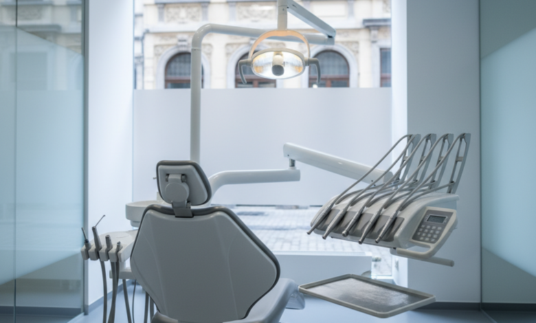 A pristine, high-tech dental clinic with a modern treatment chair and advanced instruments, bathed in cool, bright light. In the soft-focus background, blurred traditional European architecture hints at Belgium.
