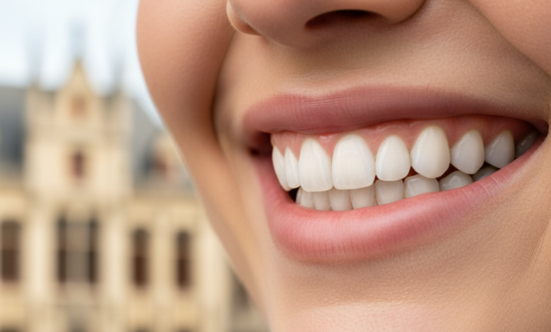 Close-up of a bright, healthy smile with perfectly contoured pink gums and sparkling white teeth, set against a softly blurred, neutral background suggesting a European city street in Belgium.