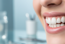Close-up of a healthy, radiant, and perfectly symmetrical smile with pristine white teeth, conveying the natural aesthetic of high-quality dental veneers. The background is a soft, out-of-focus blur of a modern dental clinic setting.