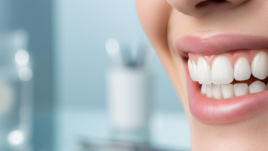 Close-up of a healthy, radiant, and perfectly symmetrical smile with pristine white teeth, conveying the natural aesthetic of high-quality dental veneers. The background is a soft, out-of-focus blur of a modern dental clinic setting.