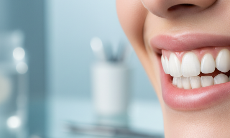 Close-up of a healthy, radiant, and perfectly symmetrical smile with pristine white teeth, conveying the natural aesthetic of high-quality dental veneers. The background is a soft, out-of-focus blur of a modern dental clinic setting.