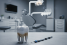 A close-up, photorealistic image of a molar tooth resting on a clean, light surface, accompanied by sterile dental instruments. The background features a softly blurred, modern, and professional dental clinic interior, conveying a sense of advanced medical care.