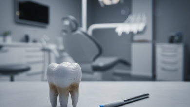 A close-up, photorealistic image of a molar tooth resting on a clean, light surface, accompanied by sterile dental instruments. The background features a softly blurred, modern, and professional dental clinic interior, conveying a sense of advanced medical care.