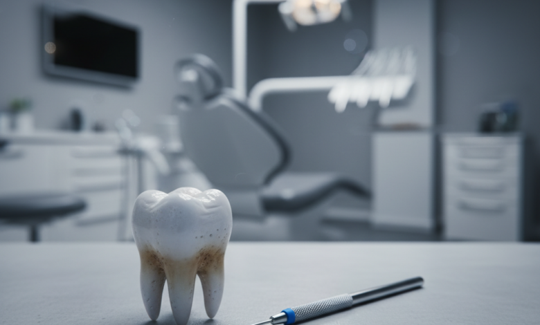 A close-up, photorealistic image of a molar tooth resting on a clean, light surface, accompanied by sterile dental instruments. The background features a softly blurred, modern, and professional dental clinic interior, conveying a sense of advanced medical care.